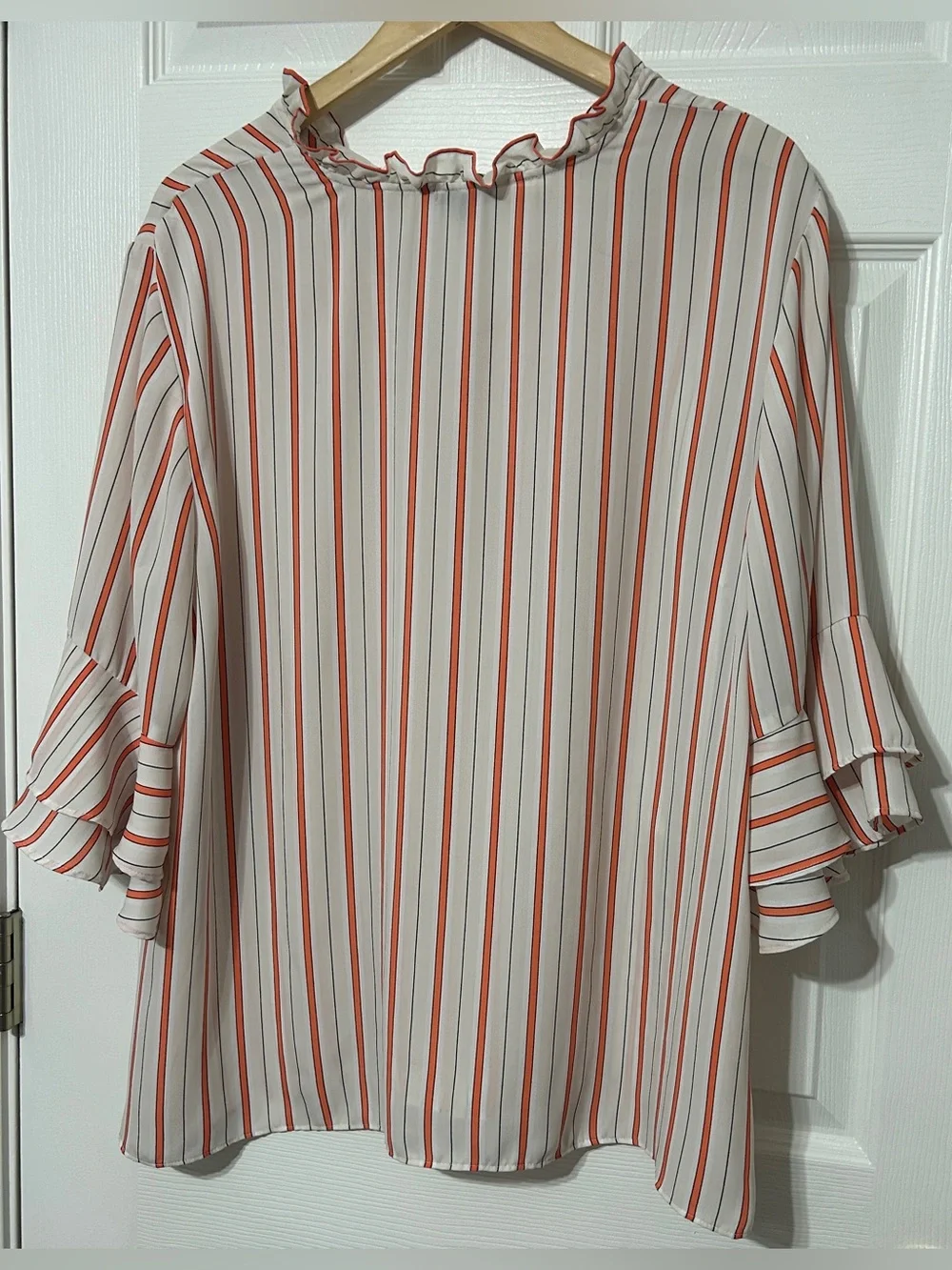 Ann Taylor Factory Blouse Top Orange Cream Stripe 3/4 Ruffle Sleeves Women’s XL